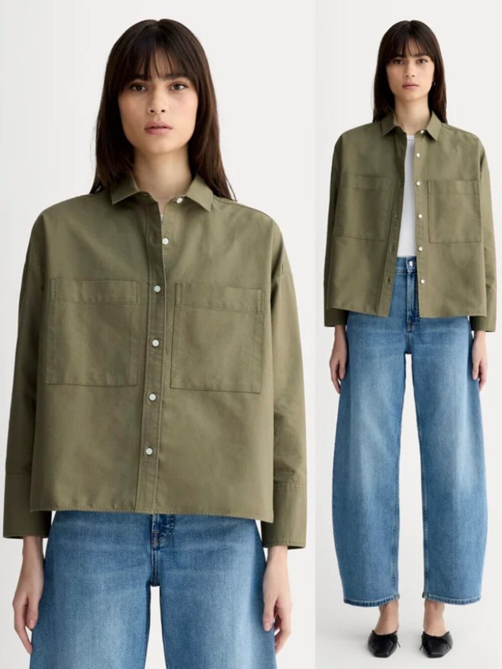 Everlane The Boxy Oxford Shirt L 100% Organic Cotton Olive Green Shacket Top $98